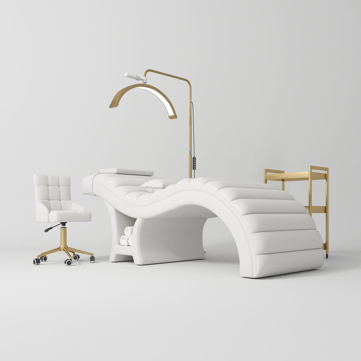 Manufakturo Luxe White Complete Salon Set - Lash Beauty Bed, Chair, Moonlight & Trolley