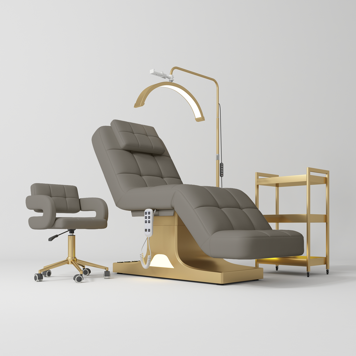 Manufakturo Saphir version A Deep Ash – 4-Piece Beauty Studio Set: Luxury Bed, Chair, Lamp & Trolley