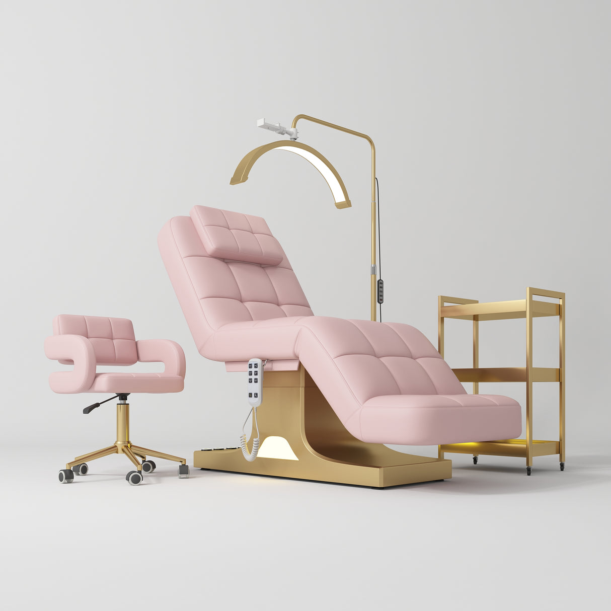 Manufakturo Saphir version A Bare Blush – 4-Piece Beauty Studio Set: Luxury Bed, Chair, Lamp & Trolley