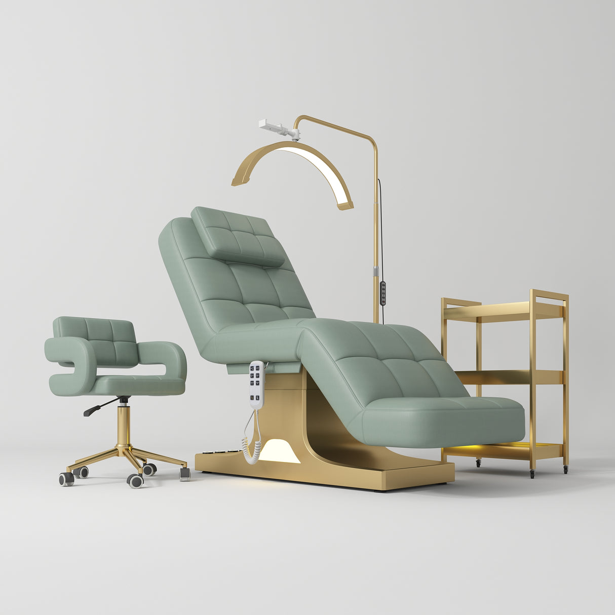 Manufakturo Saphir version A Olive – 4-Piece Beauty Studio Set: Luxury Bed, Chair, Lamp & Trolley