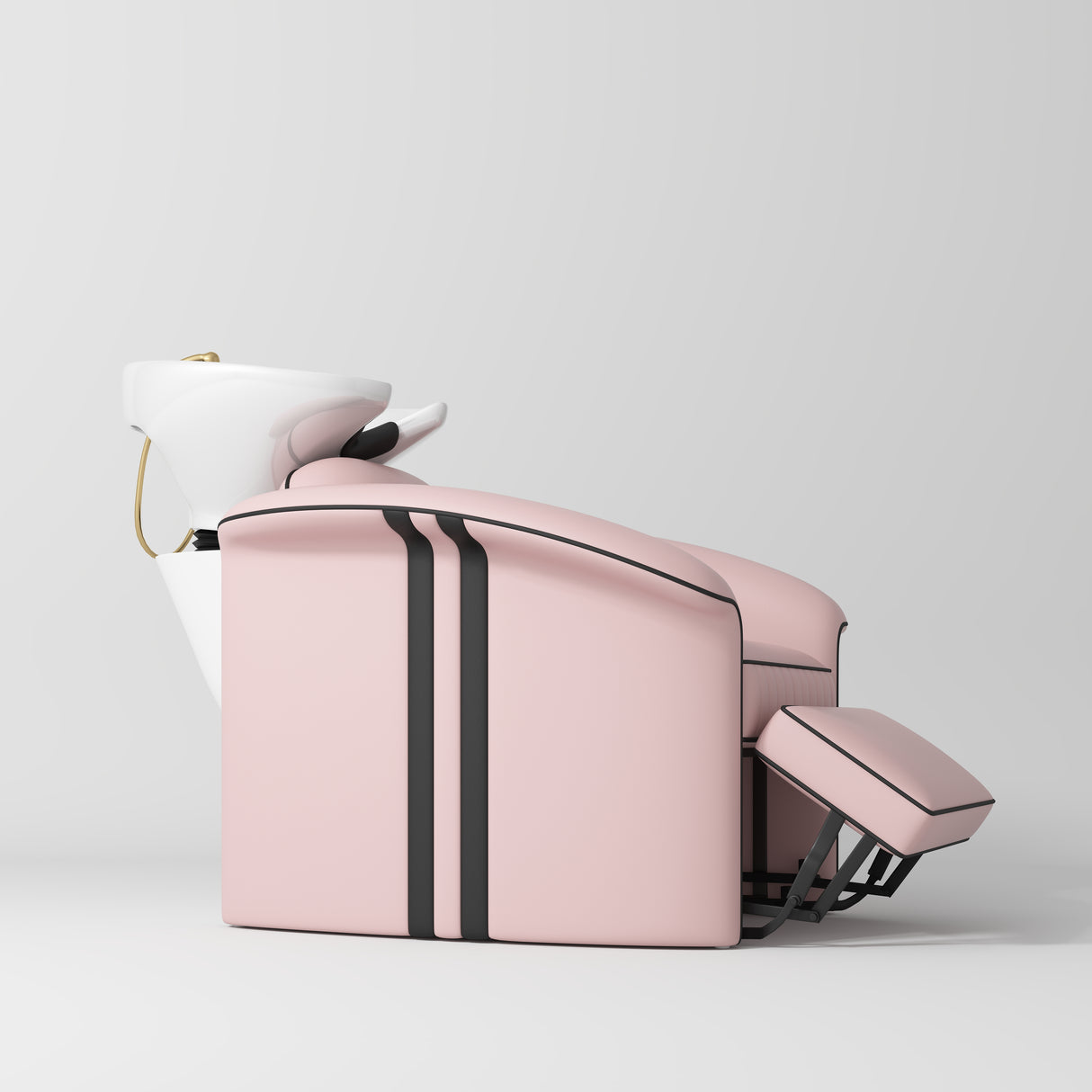 A modern pink salon shampoo chair with a white sink, black side accents, and an extended footrest, shown against a light gray studio background.