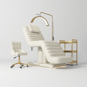 Manufakturo Grandeur Creamy The Complete Studio Set - Beauty Bed, Chair, Moonlight & Trolley - coordinated furniture pieces arranged on a white background