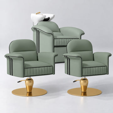 Manufakturo Monaco Olive Hair Salon Set with 2 Palais Styling Chairs, showing the complete coordinated three-piece furniture set on a grey studio background.