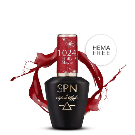 SPN Nails Gel Polish 1024 Holly Magic in a black bottle with red festive design, HEMA-free, featuring a splash of red glitter.