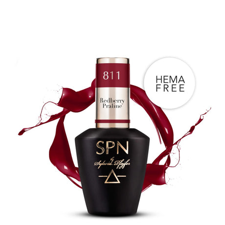 SPN Nails UV/LED Gel Polish 811 Redberry Praline bottle with rich red polish splash and HEMA-free label.