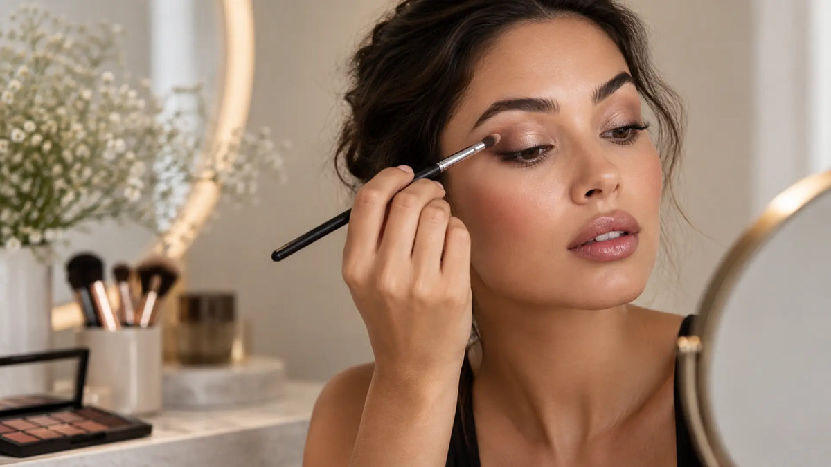 Beauty makeup editorial in warm neutral tones: The Complete Guide to Applying Eye Makeup