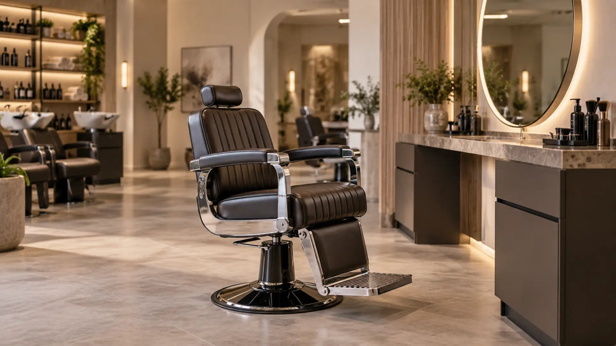 Premium professional salon interior: Barber Chair 360° Rotation & Locking