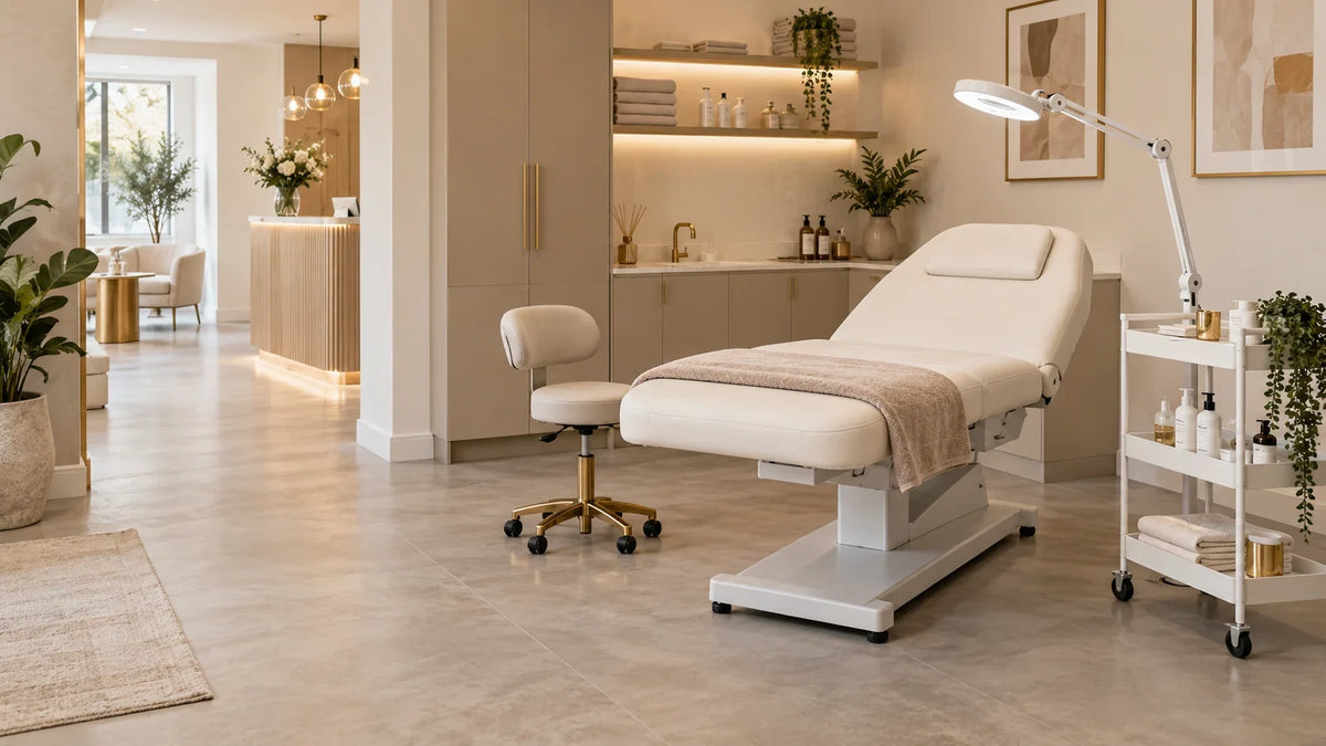 Professional beauty salon layout with beauty bed, stool, treatment lamp, trolley and clear circulation space