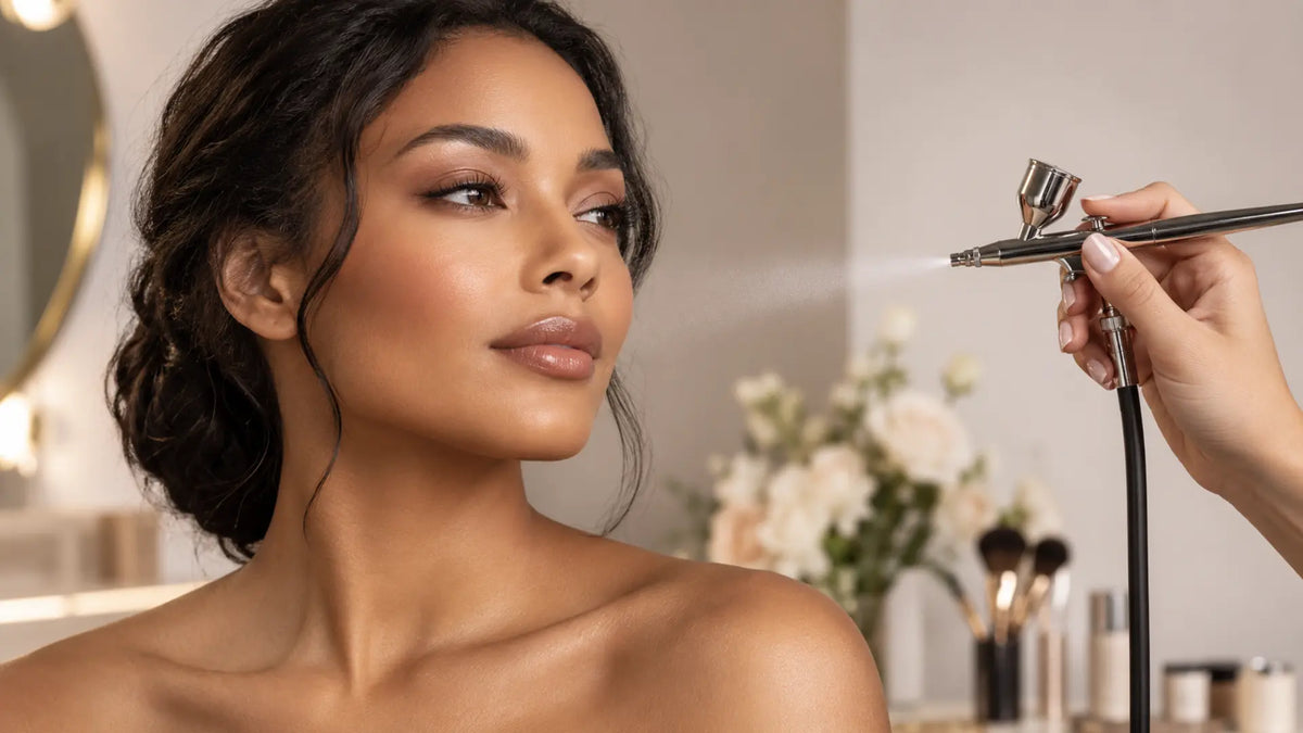 Beauty makeup editorial in warm neutral tones: Airbrush Makeup