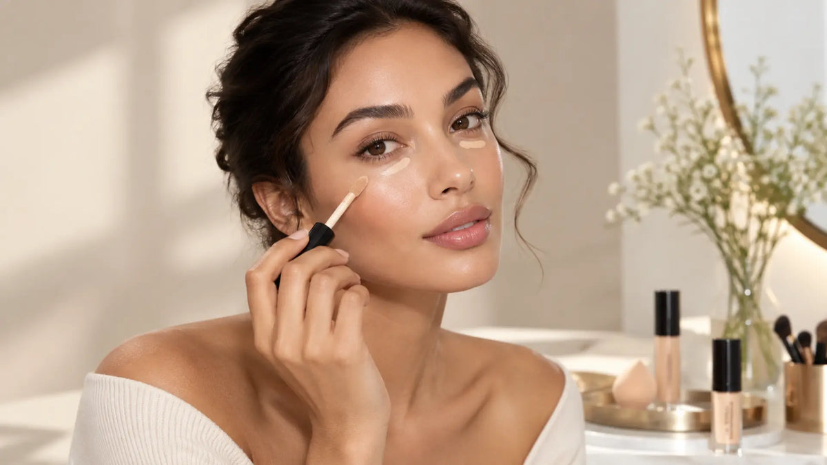 Beauty makeup editorial in warm neutral tones: Concealers