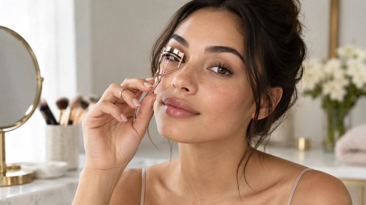 Beauty makeup editorial in warm neutral tones: Eyelash Curler