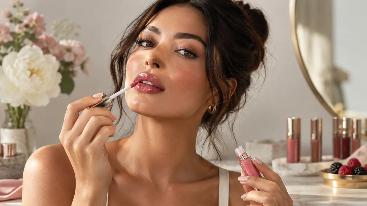 Beauty makeup editorial in warm neutral tones: Flavoured Lip Gloss