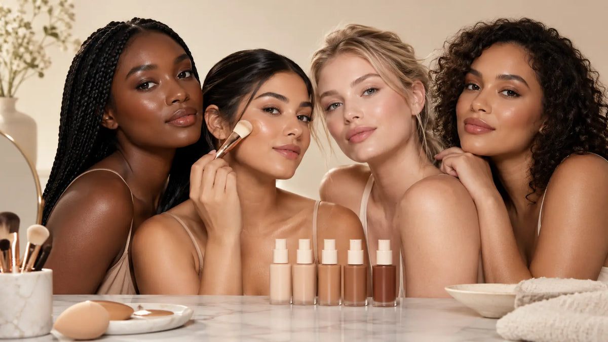Beauty makeup editorial in warm neutral tones: Choose Foundation for Your Skin Type and Finish