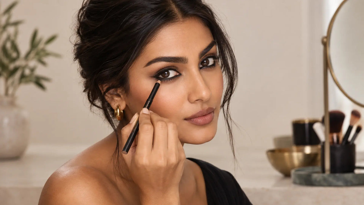 Beauty makeup editorial in warm neutral tones: Kajal and Kohl Eyeliner