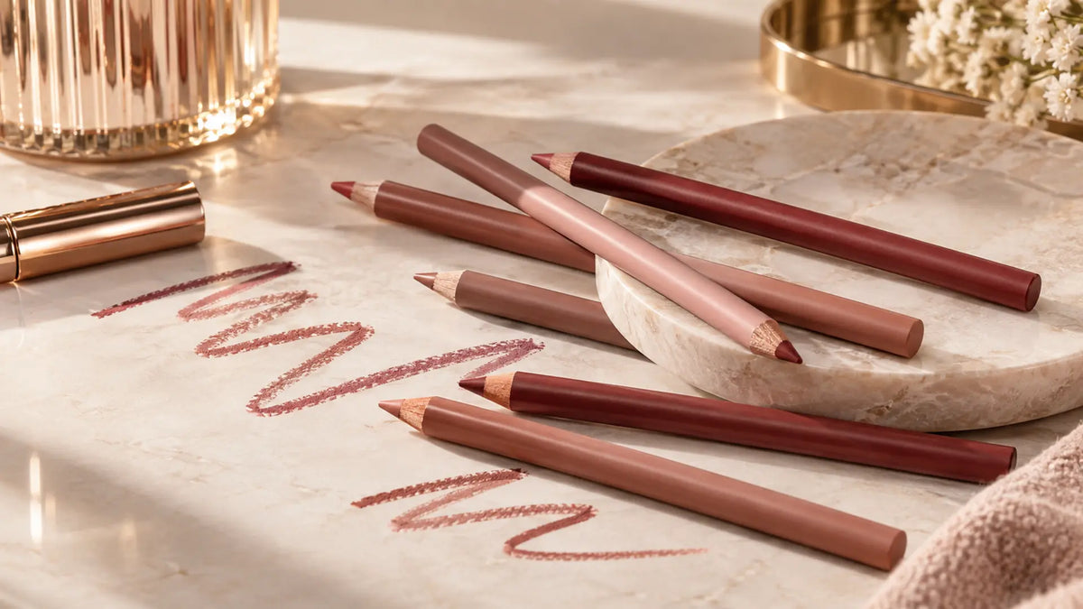 Beauty makeup editorial in warm neutral tones: Lip Liner