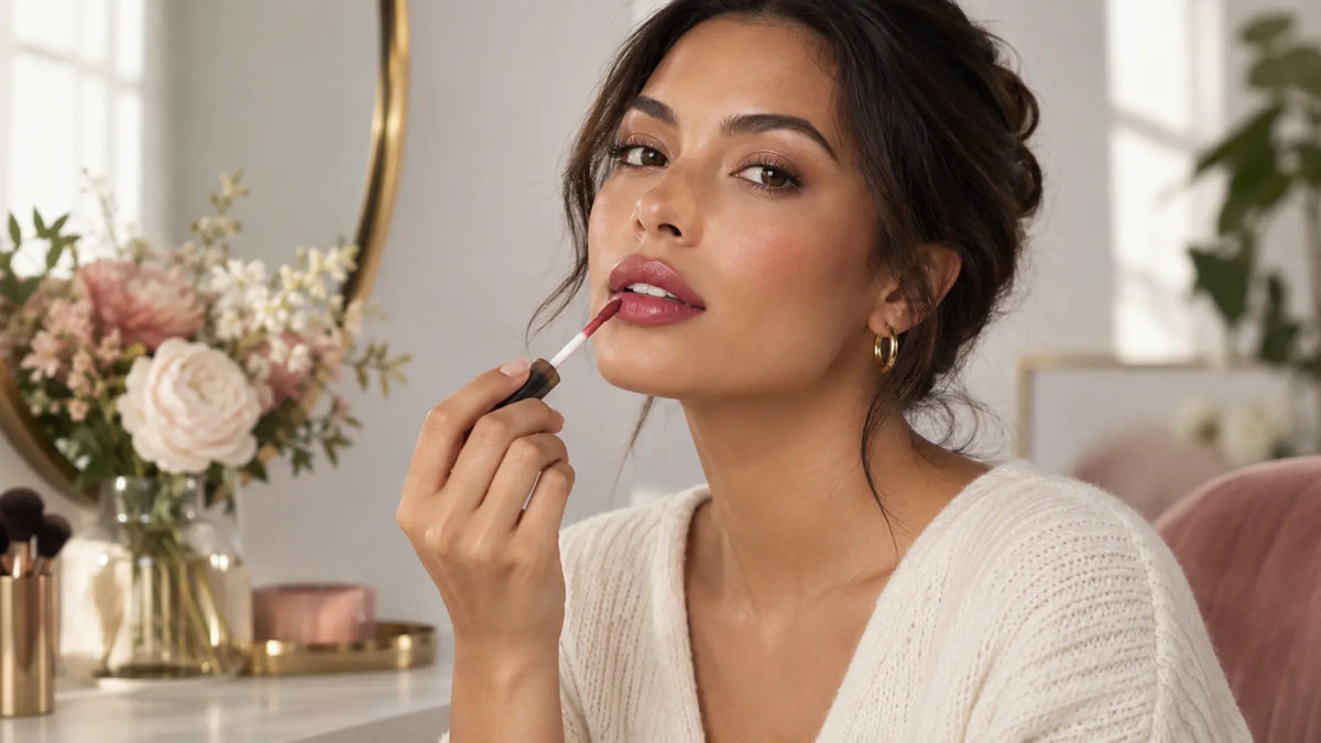 Beauty makeup editorial in warm neutral tones: Lip Stain