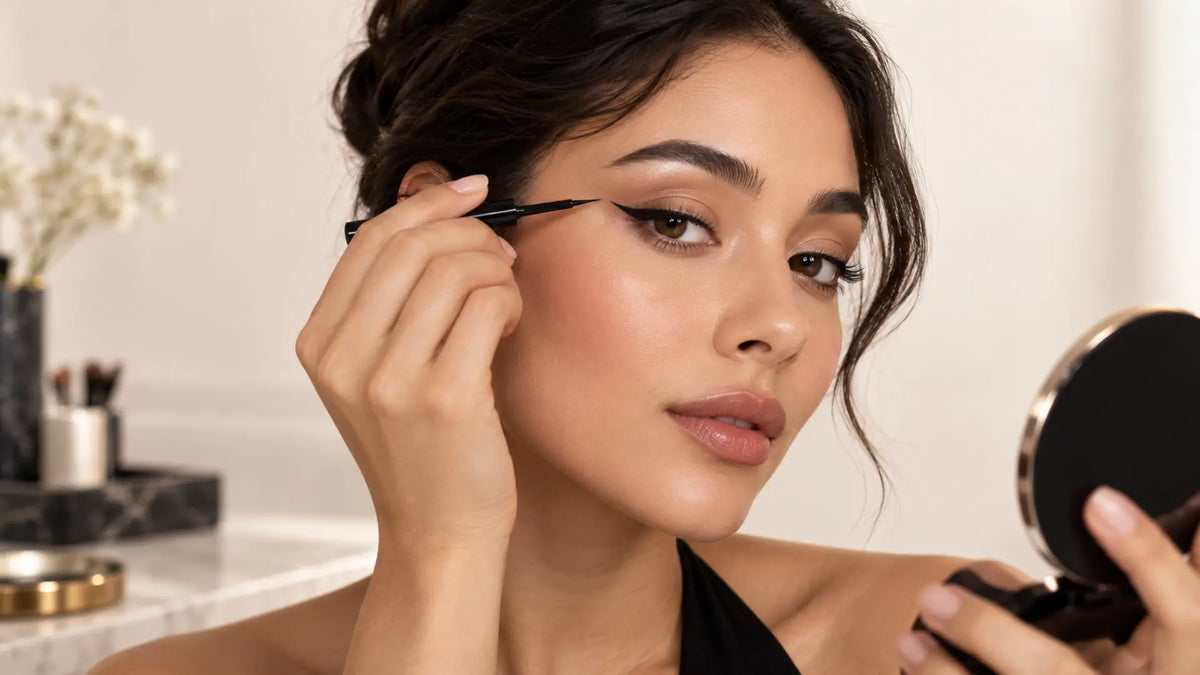 Beauty makeup editorial in warm neutral tones: Liquid Eyeliner