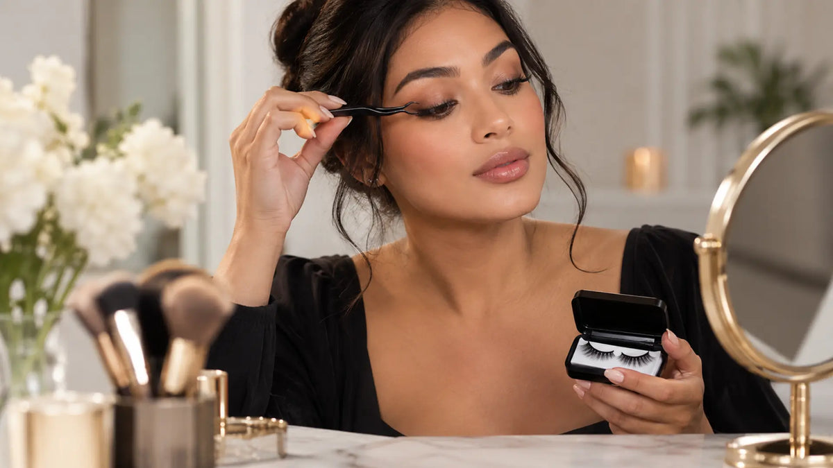 Beauty makeup editorial in warm neutral tones: Magnetic Lashes