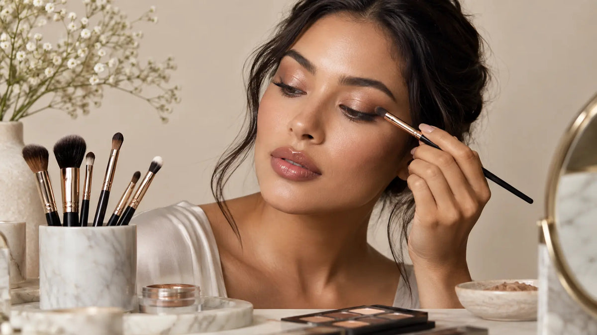 Beauty makeup editorial in warm neutral tones: Eye Makeup Brush