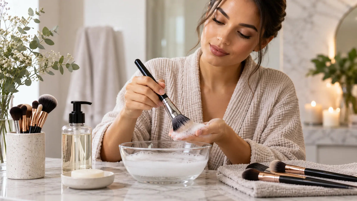 Beauty makeup editorial in warm neutral tones: Makeup Brush Cleaners