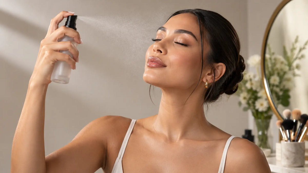 Beauty makeup editorial in warm neutral tones: Makeup Setting Spray