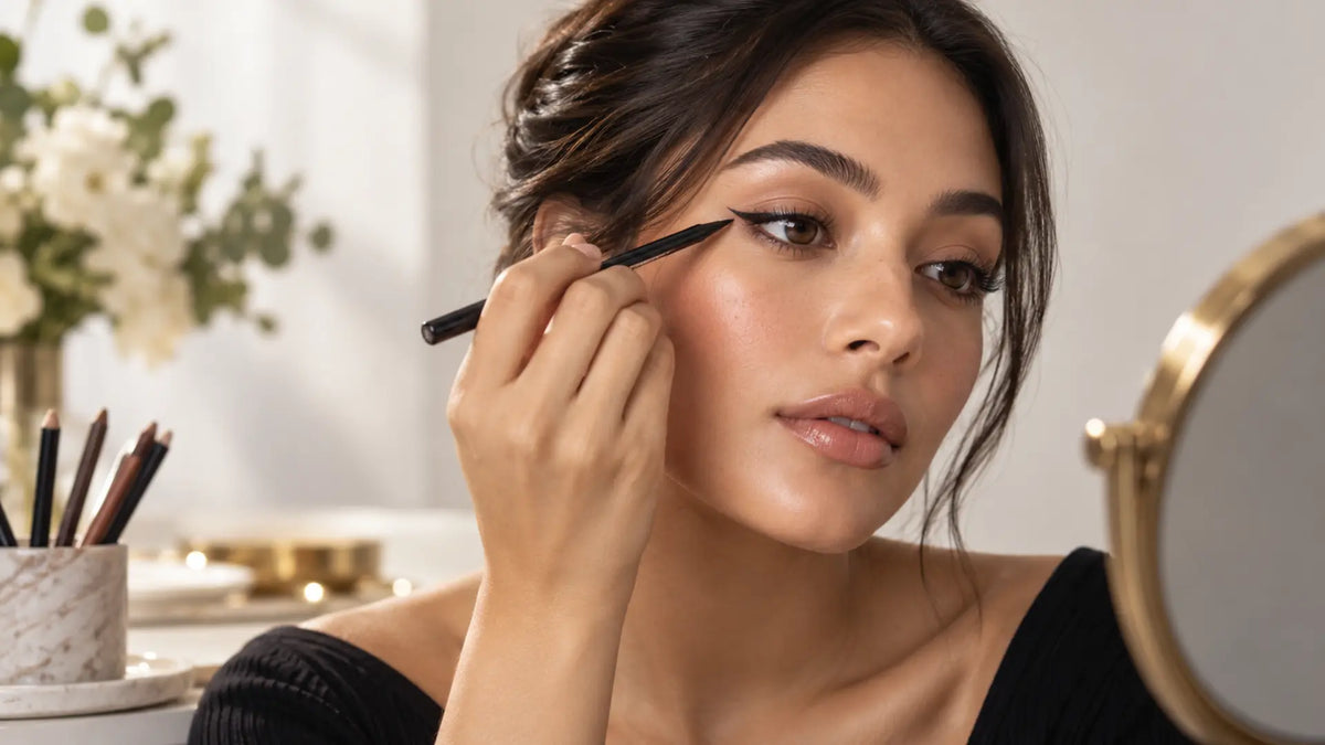 Beauty makeup editorial in warm neutral tones: Pencil Eyeliner