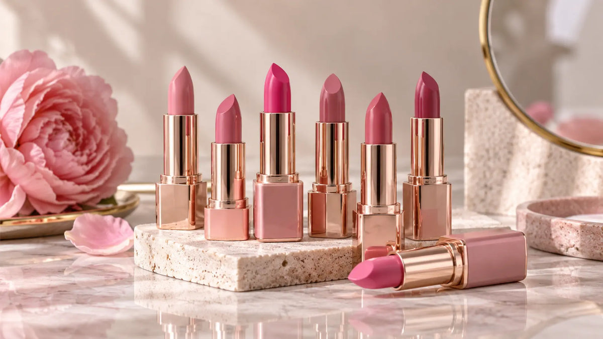 Beauty makeup editorial in warm neutral tones: Pink Lipstick Suited for Every Skin Colour
