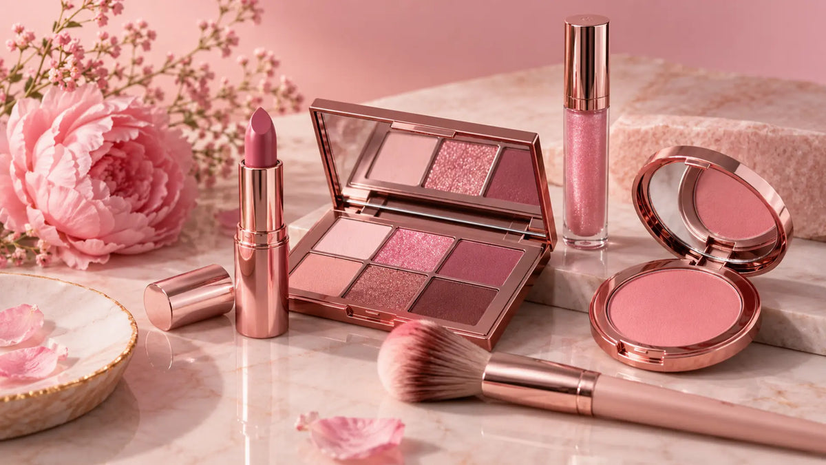 Beauty makeup editorial in warm neutral tones: Pink Makeup Looks To Try On