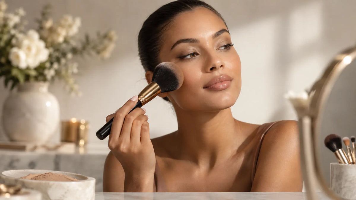 Beauty makeup editorial in warm neutral tones: Powder Brush