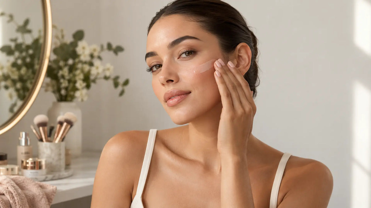 Beauty makeup editorial in warm neutral tones: Face Primer