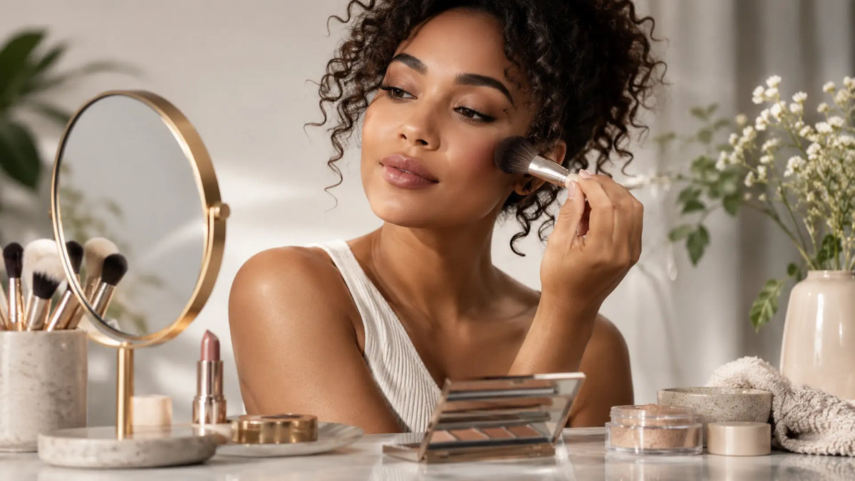 Beauty makeup editorial in warm neutral tones: Vegan Makeup Brands and Products