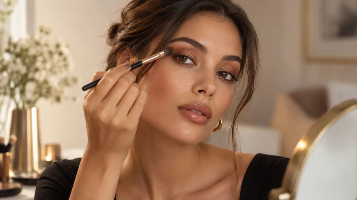 Beauty makeup editorial in warm neutral tones: The Best Eyeshadow Colours for Brown Eyes