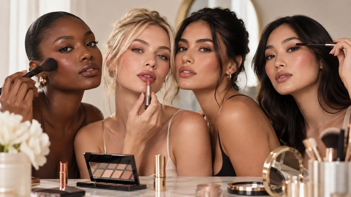 Beauty makeup editorial in warm neutral tones: Most Popular Celebrity Beauty and Makeup Brands