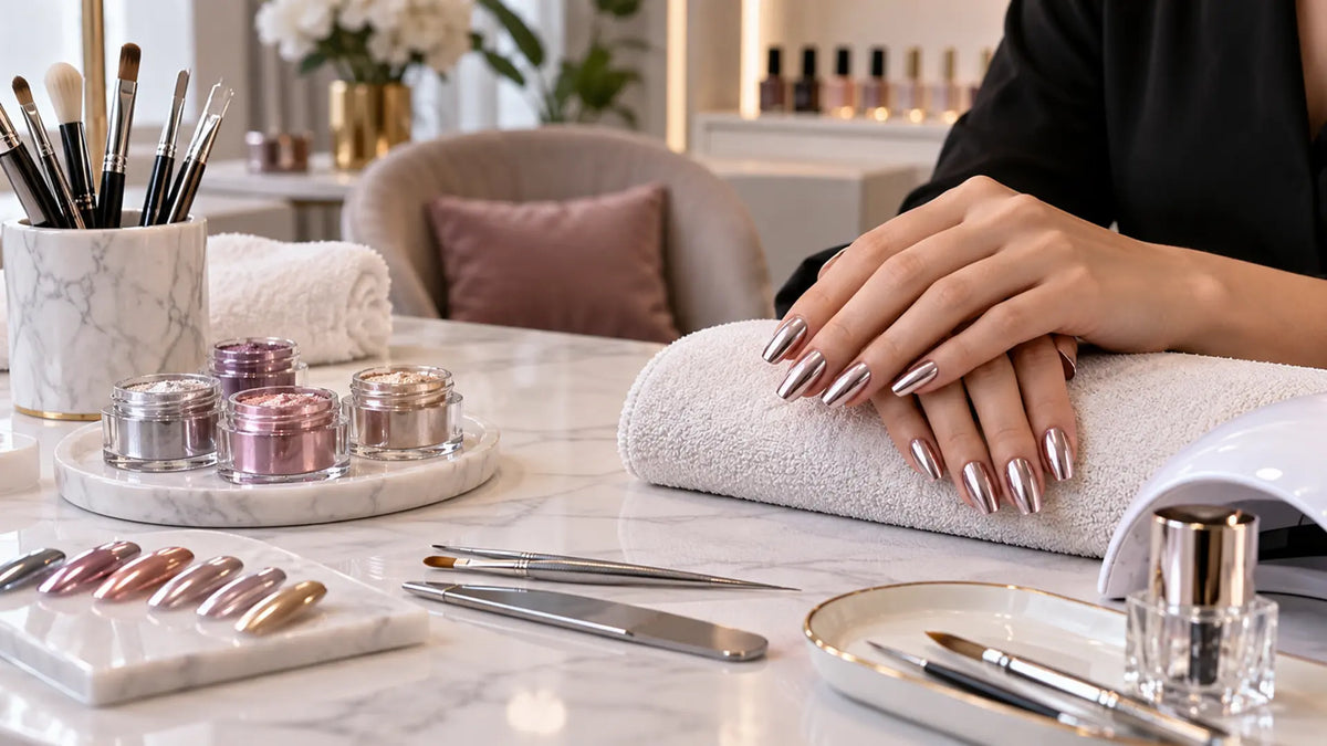 Premium nail studio editorial: Chrome Nails & Pigment Powders