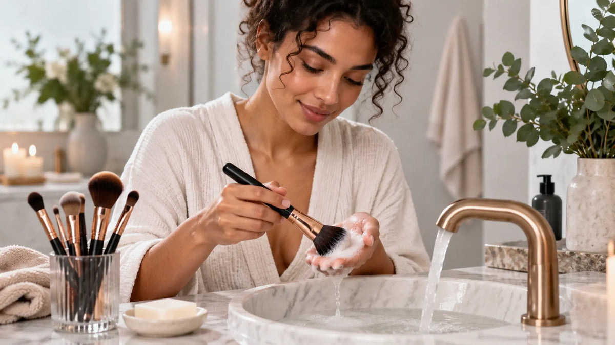 Beauty makeup editorial in warm neutral tones: Clean Makeup Brushes