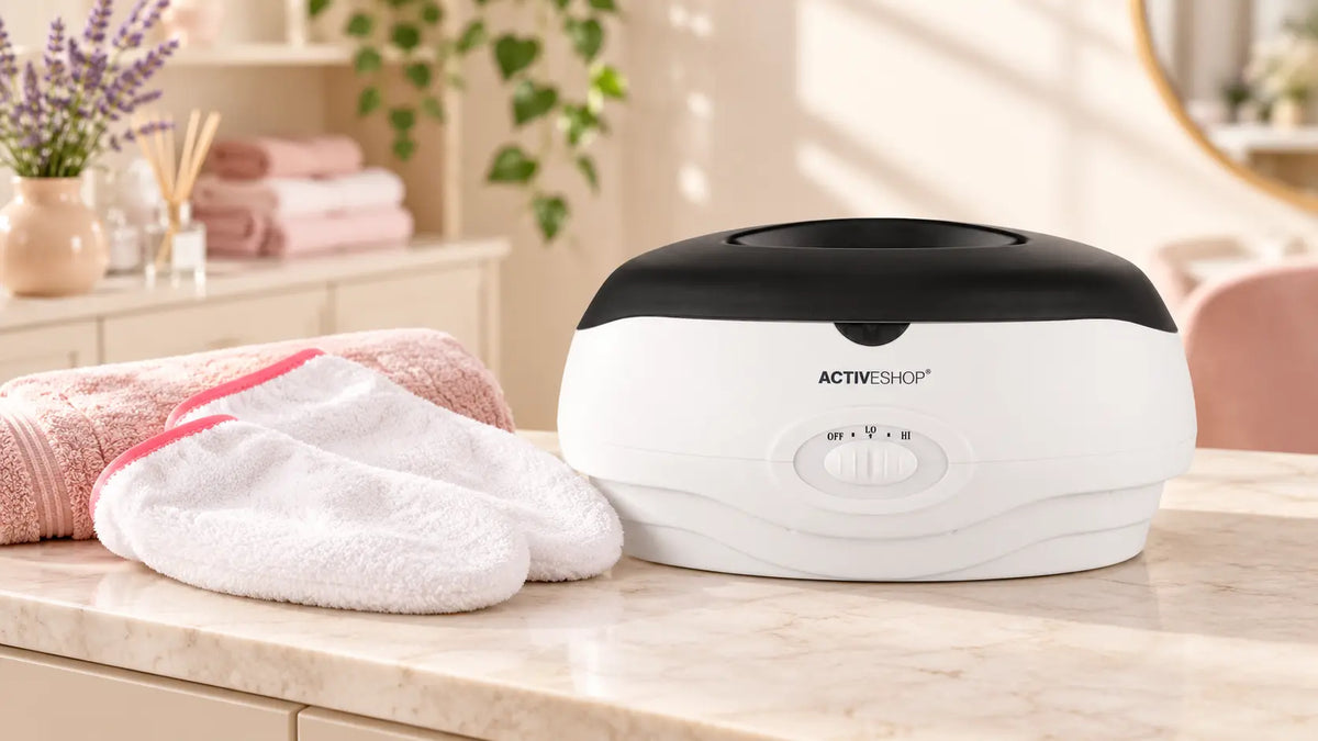 White ActiveShop paraffin bath with a black lid, terry mitts and a blush towel on a salon worktop