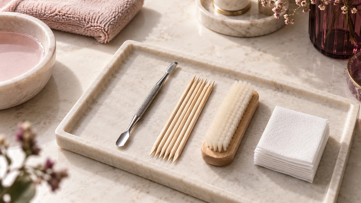 Cuticle tool in a professional setting; guide covers steel pushers, wooden sticks, spoon ends and cleaning or disposal