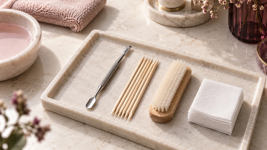 Cuticle tool in a professional setting; guide covers steel pushers, wooden sticks, spoon ends and cleaning or disposal