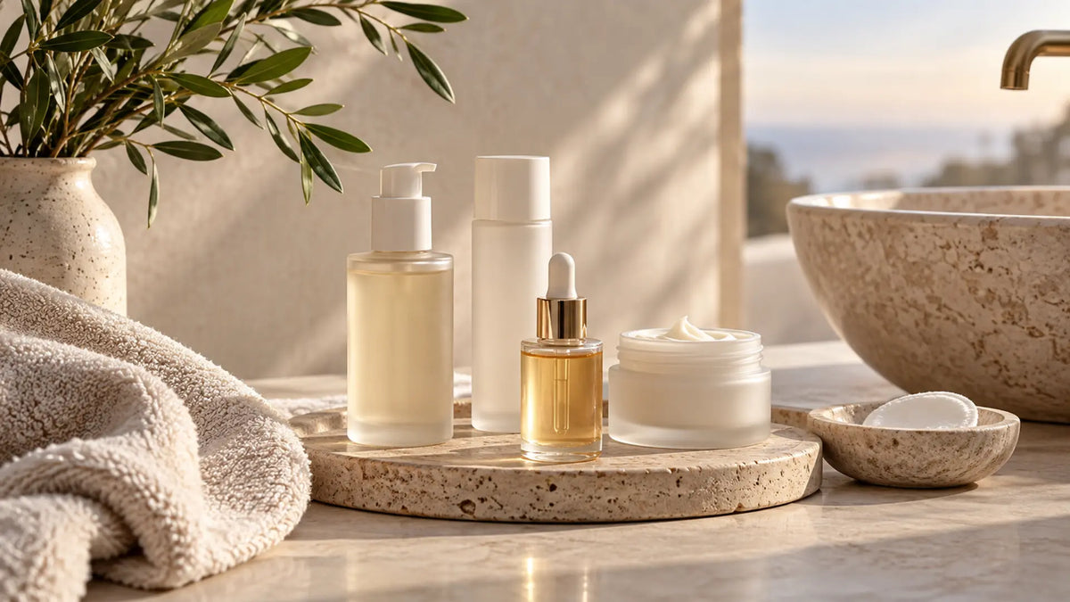 Skincare editorial in soft natural light: Morning & Evening Skincare Routine