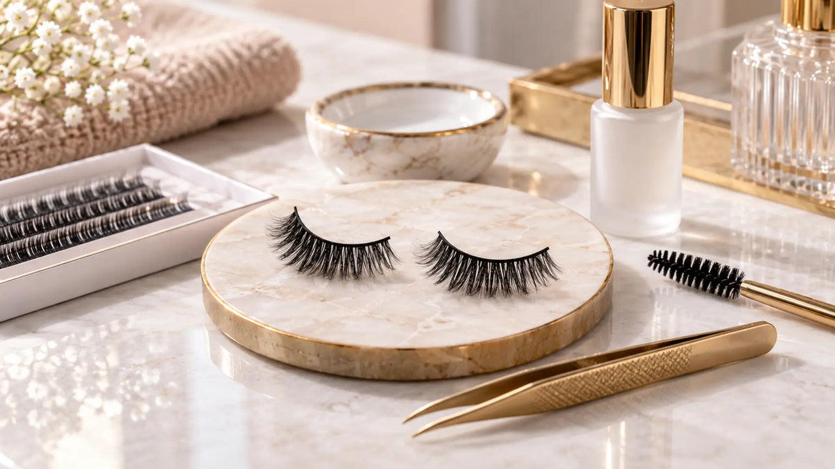Beauty makeup editorial in warm neutral tones: Eyelash Extensions 101