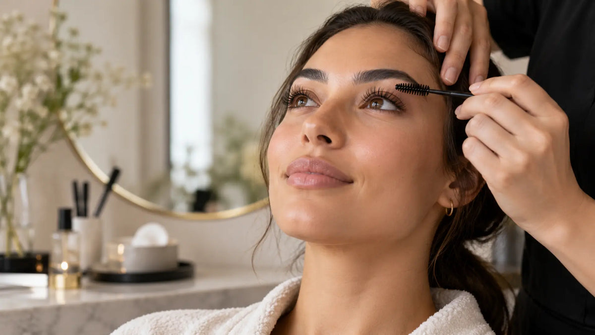 Beauty makeup editorial in warm neutral tones: Lash Lift & Lamination