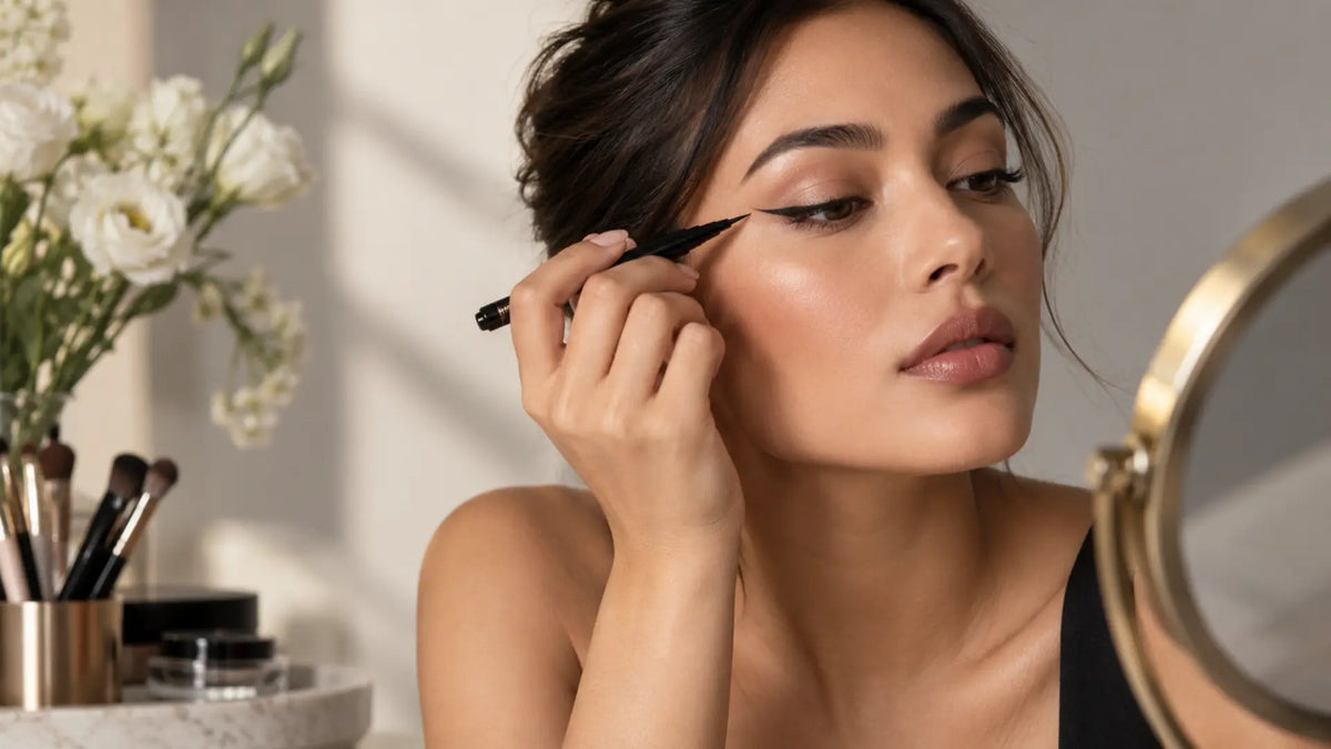 Beauty makeup editorial in warm neutral tones: Types of Eyeliners