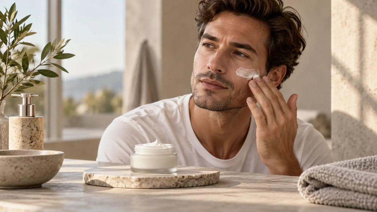 Skincare editorial in soft natural light: Face Cream for Men