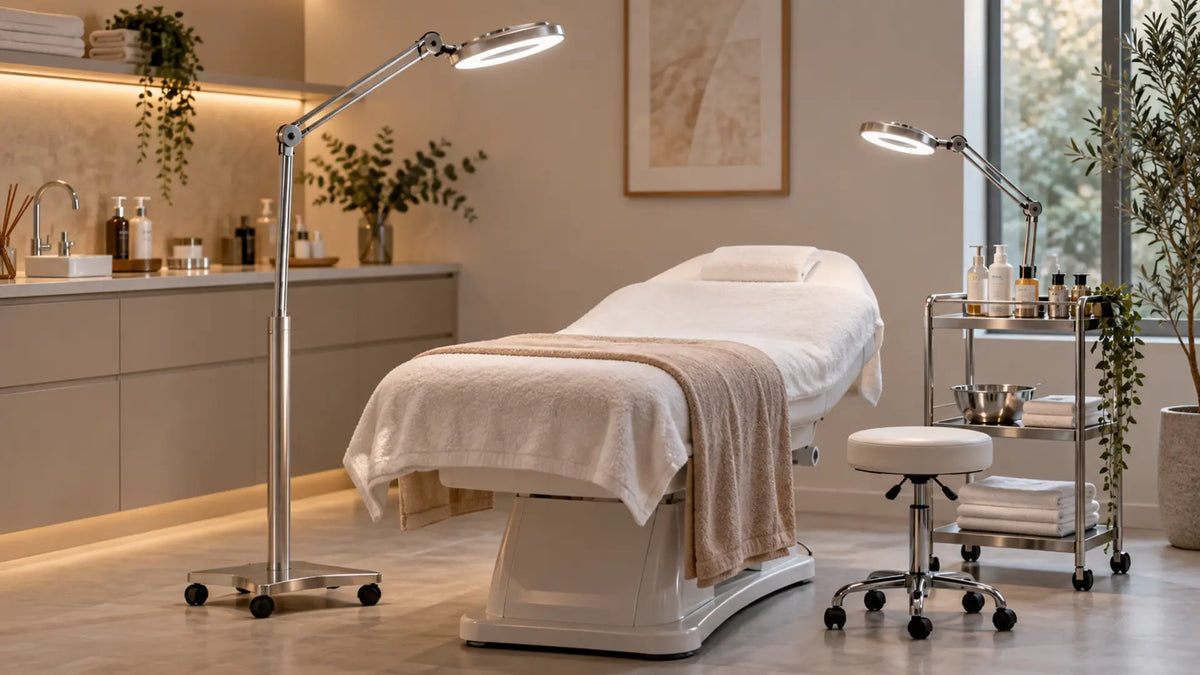 Professional salon equipment in a clean treatment room: Floor vs Tabletop Treatment Lamp