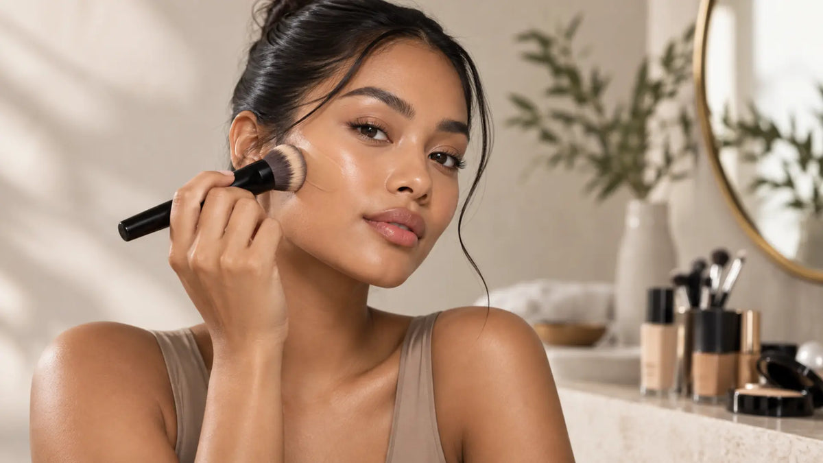Beauty makeup editorial in warm neutral tones: Choose Foundation for Oily Skin