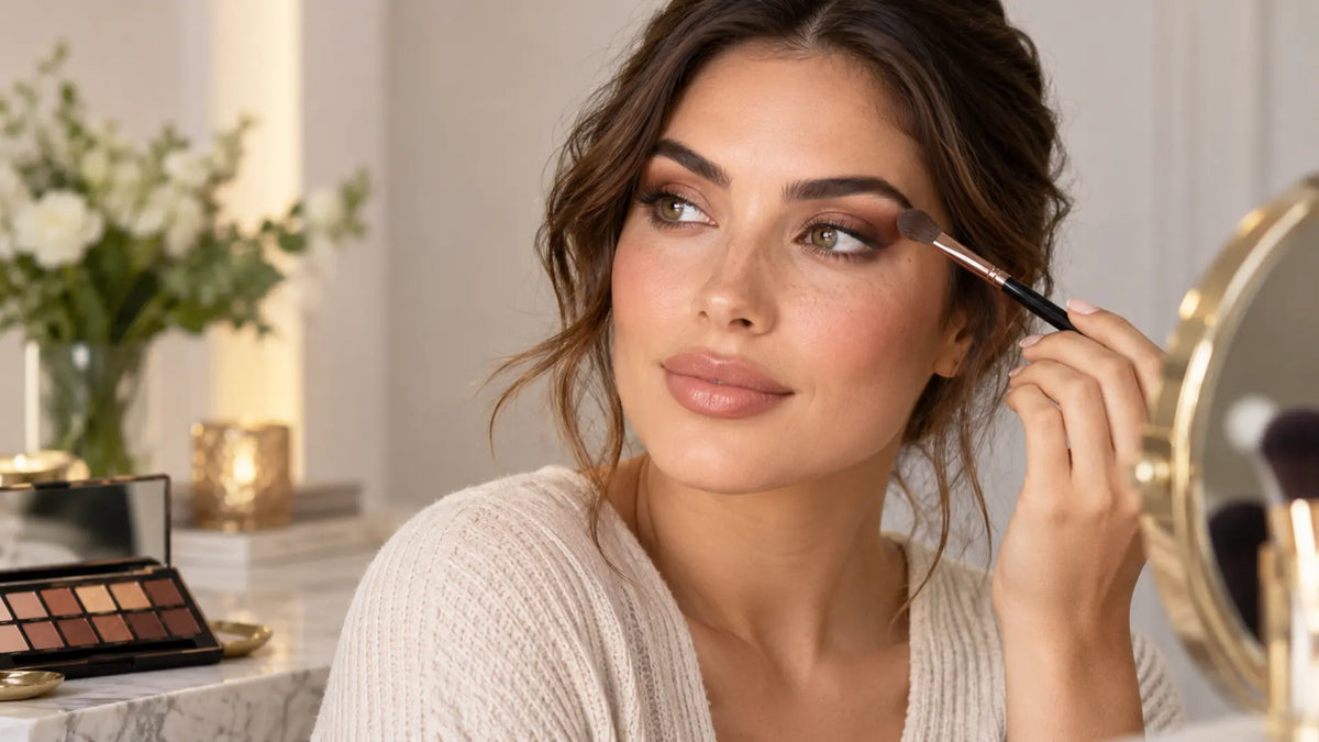 Beauty makeup editorial in warm neutral tones: The Best Eyeshadow Colours for Hazel Eyes