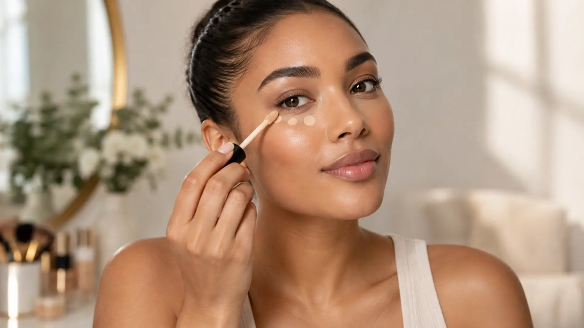 Beauty makeup editorial in warm neutral tones: Apply Concealer