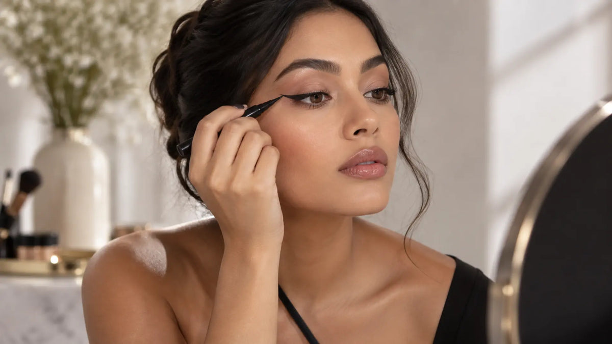Beauty makeup editorial in warm neutral tones: Apply Eyeliner