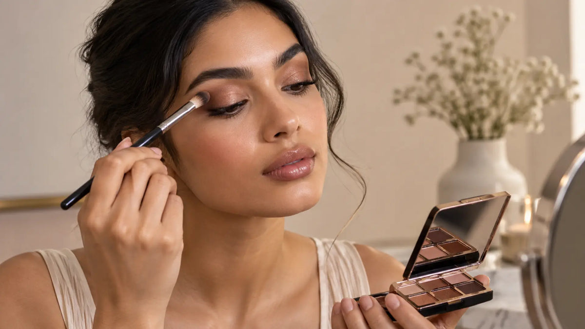 Beauty makeup editorial in warm neutral tones: Apply Eyeshadow