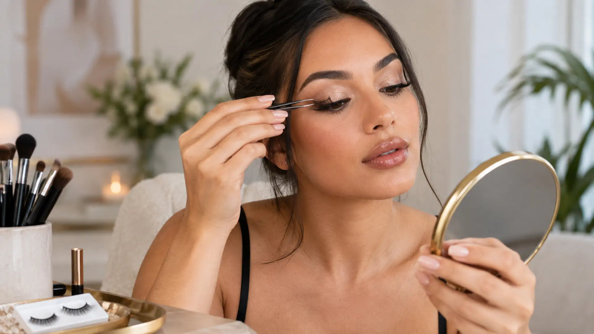 Beauty makeup editorial in warm neutral tones: Apply False Eyelashes